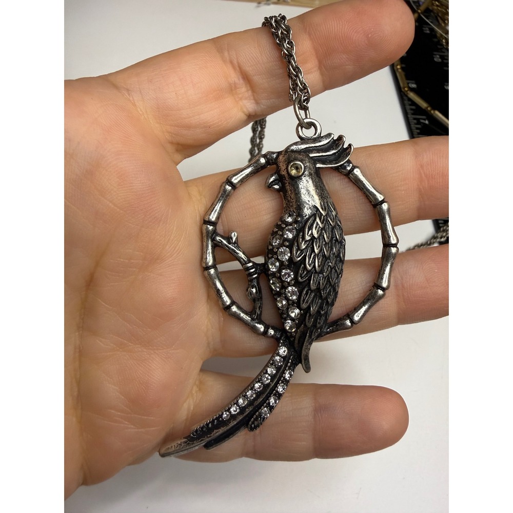 Silver Tone Tropical Parrot Cockatoo Rhinestone Pendant Long Rope Chain Necklace